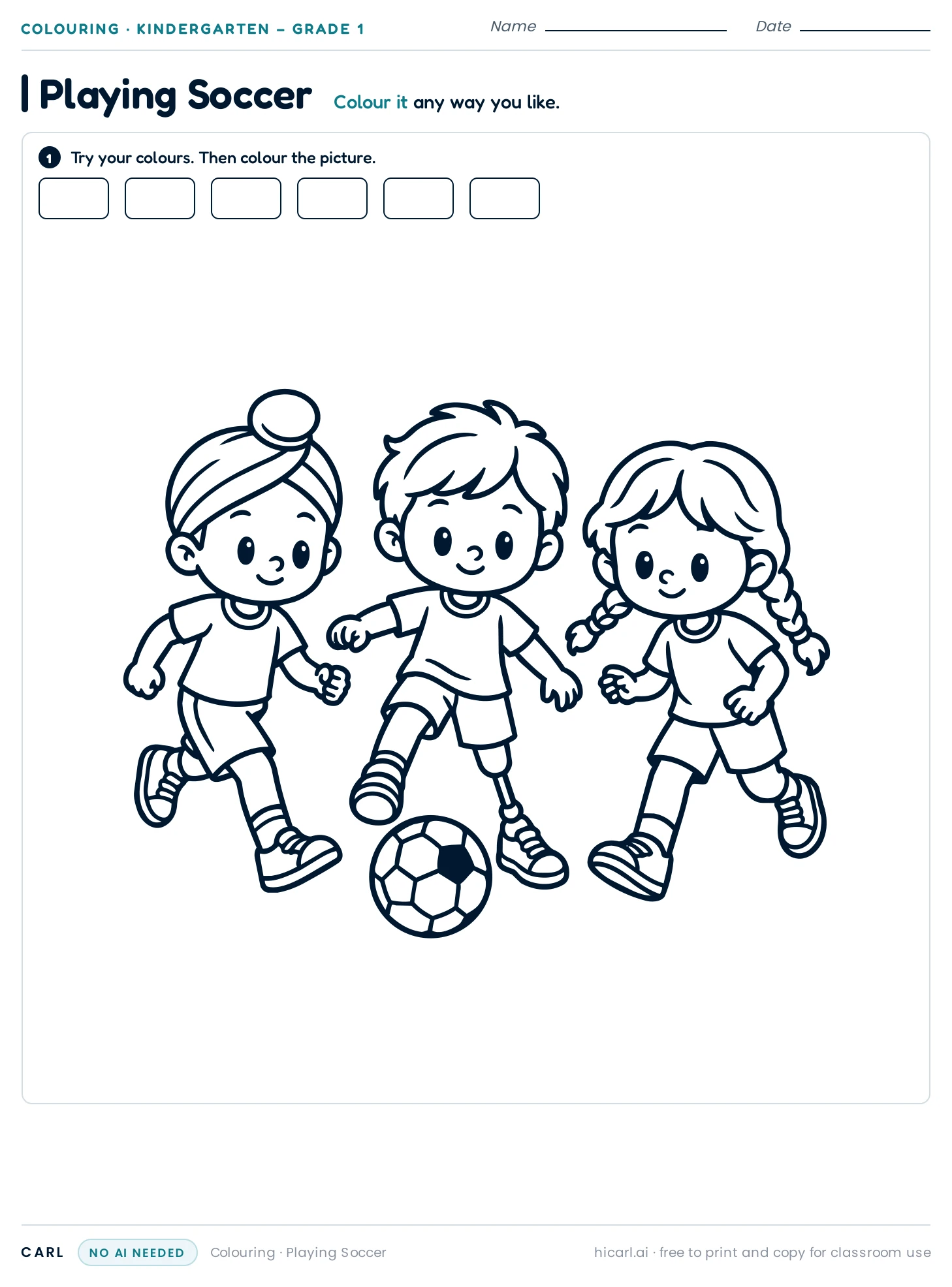 Playing Soccer colouring page preview