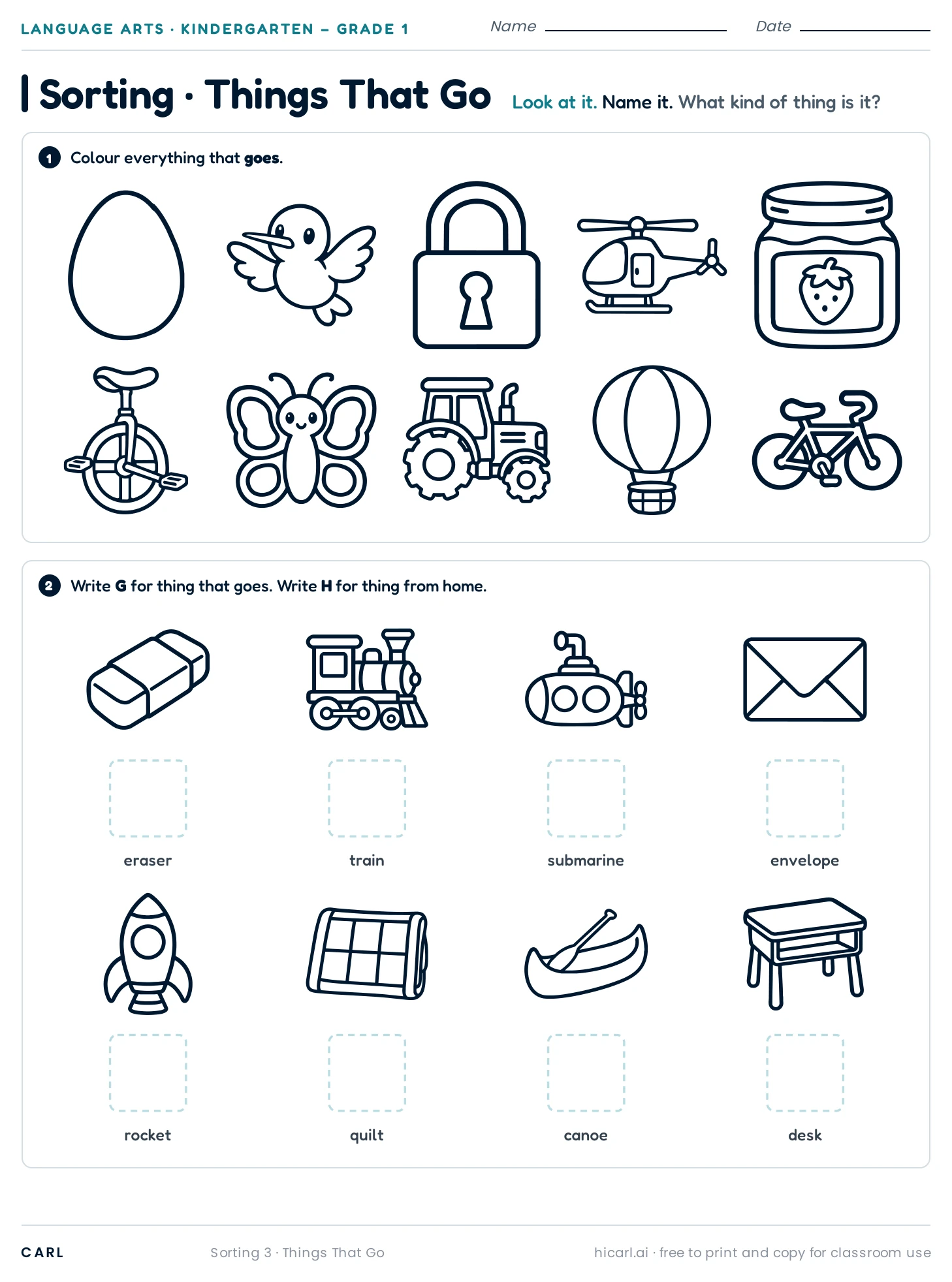 Things That Go sorting worksheet preview