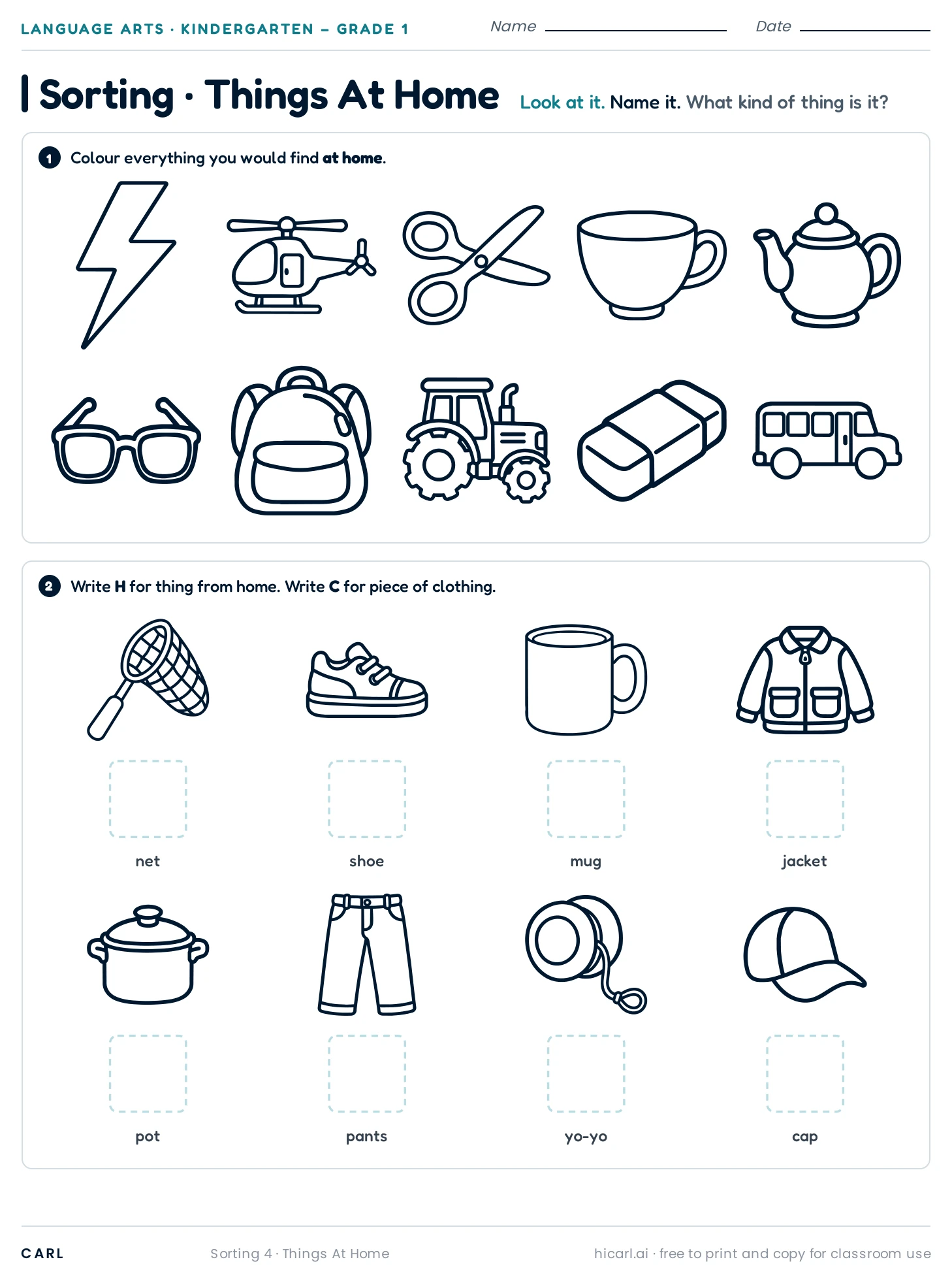 Things At Home sorting worksheet preview