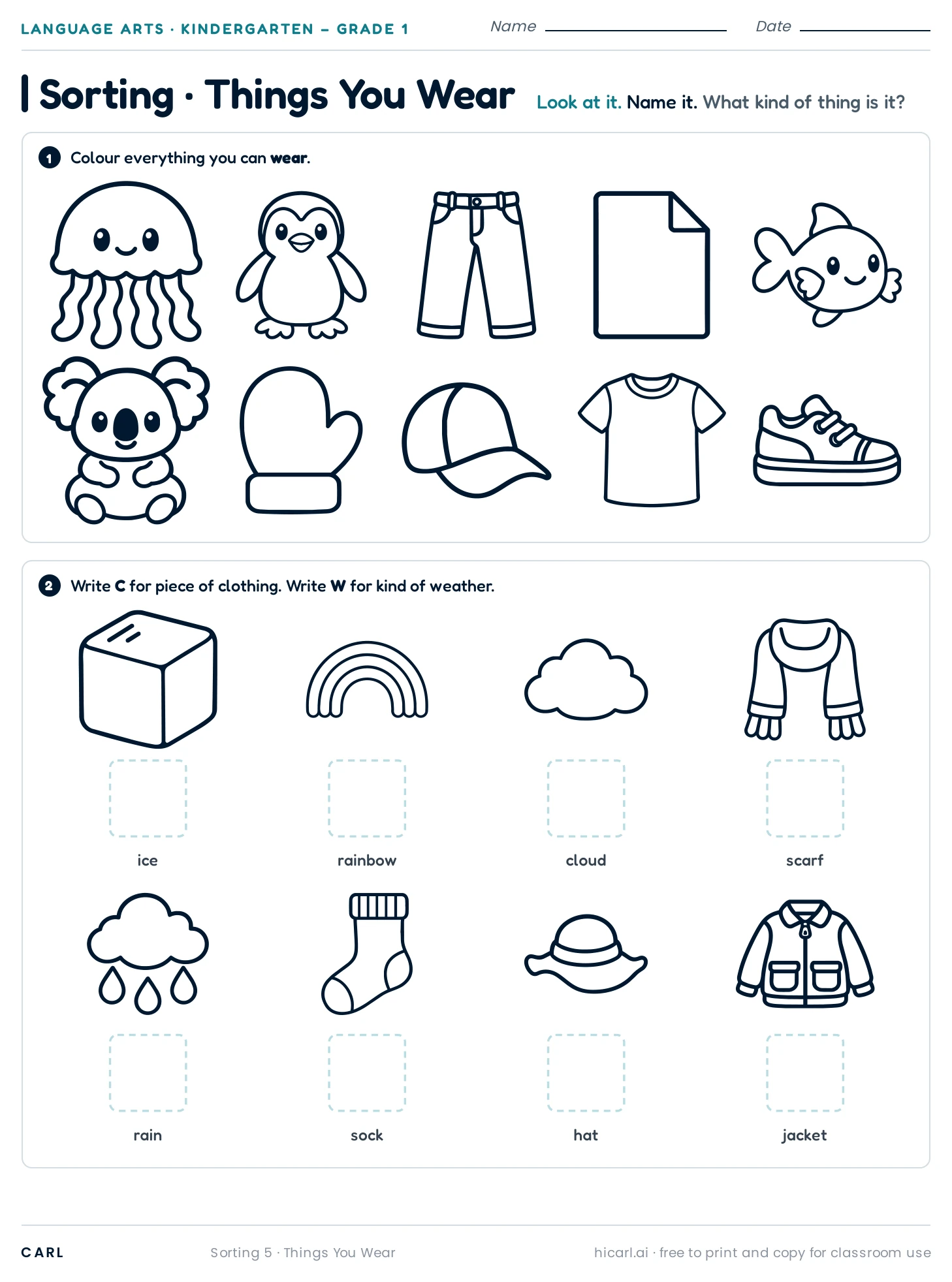Things You Wear sorting worksheet preview