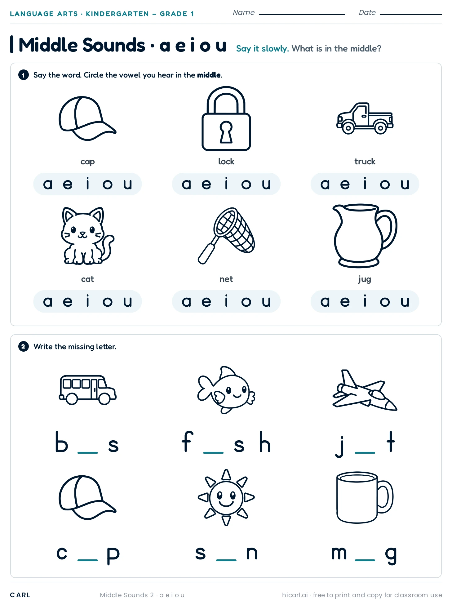 Middle vowel sounds, sheet 2 preview